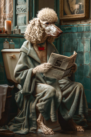 Dog wearing a bathrobe and reading a newspaper while sitting on a toilet in a bathroom.Anthropomorphic animalの素材