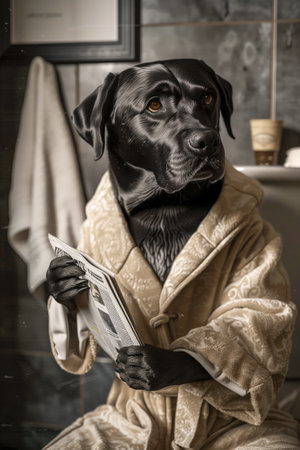 Dog wearing a bathrobe and reading a newspaper while sitting on a toilet in a bathroom.Anthropomorphic animalの素材