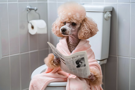 Dog wearing a bathrobe and reading a newspaper while sitting on a toilet in a bathroom.Anthropomorphic animalの素材