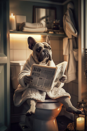 Dog wearing a bathrobe and reading a newspaper while sitting on a toilet in a bathroom.Anthropomorphic animalの素材
