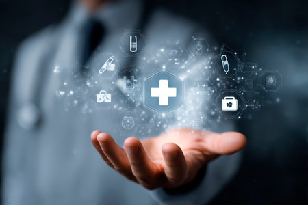 Doctor holds out their hand with medical icons floating above it, symbolizing the integration of technology in healthcare creating an atmosphere that reflects the precision and advanced techniques used by doctors for treatment.の写真素材