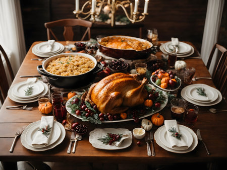 hearty thanksgiving dinner. family thanksgiving dinner with turkey, seasonal fruit and pumpkins.の素材