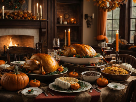 thanksgiving table set for dinner. traditional thanksgiving decorations. turkey and pumpkins on the tablecloth in the background.の素材