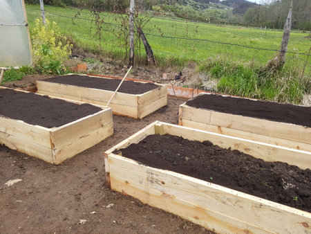 make vegetable garden in raised wooden bed. change of vegetable garden and filling of beds with good soil.の写真素材