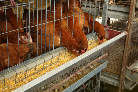 brown hens caged for sale. hens eating while one looks on.の写真素材