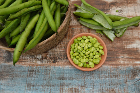 peeled broad beans without pods, freshly harvested from the vegetable garden, ready to eat.