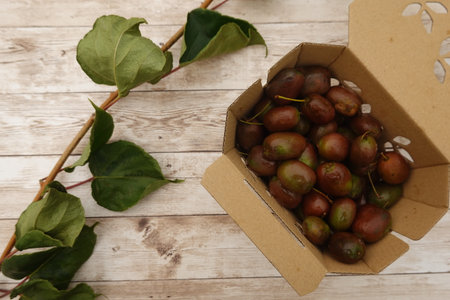 Kiwi berries and leaves of actinidia arguta arranged on light wooden table, creating a rustic and natural presentationの写真素材