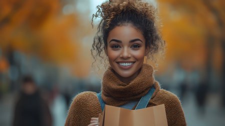 Portrait of a happy young woman holding a shopping bag and smiling in an autumnal urban settingの素材