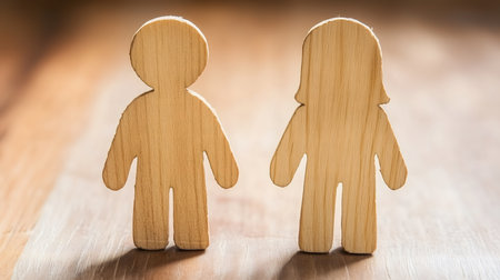 Two wooden figures, representing a male and a female, stand on a wooden surface, symbolizing gender equality or relationship conceptsの素材