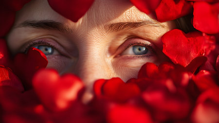 Close-up of a woman with blue eyes partially obscured by numerous red heart shapes, creating a romantic and mysterious atmosphereの素材