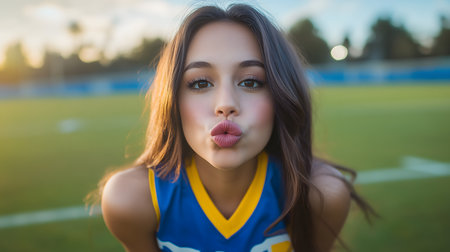 Young cheerleader blowing a kiss while posing on a vibrant football field under the bright sun, radiating joy and affectionの素材