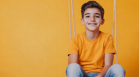 Studio portrait of a cheerful boy sitting on a swing against a vibrant yellow backdrop, enjoying a playful momentの素材
