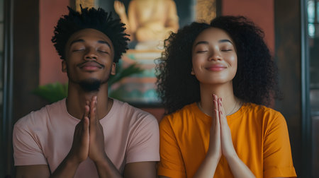 Serene multi-ethnic couple practicing meditation with hands together in prayer position, finding inner peace in home environment with buddha statueの素材
