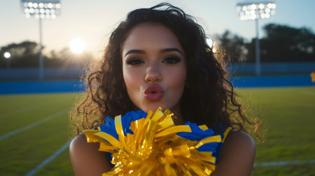 Cheerleader blowing a kiss while holding colorful pom-poms in a vibrant stadium, basking in the warm glow of a stunning sunsetの素材