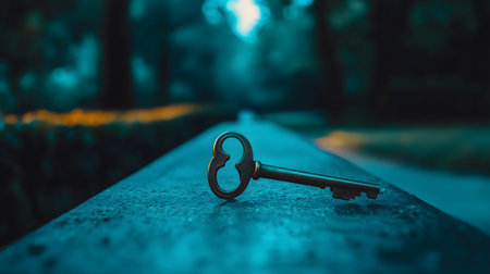 Old metal key lies on a stone surface, possibly a wall or path, with a blurred forest background, evoking mystery and discoveryの素材