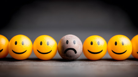 Sad brown ball showing negative emotion between happy yellow balls expressing positivity, representing the concept of depression and sadnessの素材