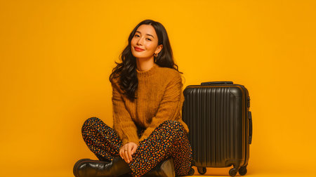 Studio portrait of a young woman sitting on the floor with crossed legs next to a suitcase on a yellow backgroundの素材