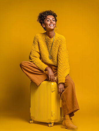 Confident young woman in vibrant yellow setting, sitting on a suitcase, embodying travel and fashion with a cheerful expressionの素材
