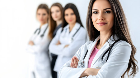 Female doctor stands confidently with arms crossed, leading a team of medical professionals, showcasing expertise and teamwork in healthcareの素材