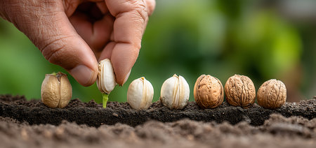 Hand planting seeds in soil, showing growth progress from seed to sprout, concept of growth, time lapse, agriculture, and investmentの素材