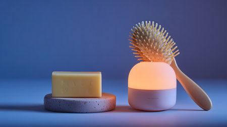 Soap bar on concrete stand, hairbrush leaning on ambient light against blue background, suggesting a relaxing spa-like atmosphereの素材