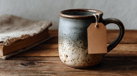 Handcrafted ceramic mug featuring a blank label, placed on a rustic wooden table beside a linen-covered book, creating a cozy and inviting sceneの素材