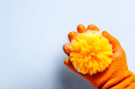 Orange gloved hand holding a round yellow cleaning sponge covered in soap bubbles on a light blue backgroundの素材