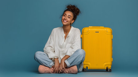 Studio portrait of a young woman sitting on the floor with legs crossed next to her yellow suitcase, smiling and looking awayの素材