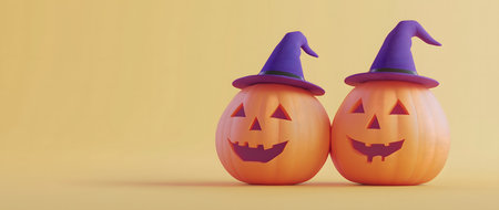 Two carved pumpkins wearing witch hats are smiling on a yellow background, creating a cheerful halloween sceneの素材