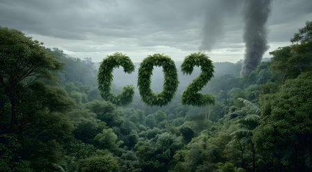Lush rainforest environment polluted by co2 greenhouse gas emissions, highlighting environmental damage and climate changeの素材