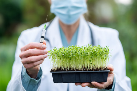 Doctor wearing mask holding a syringe and a microgreens container, performing biotechnology research outdoorsの素材