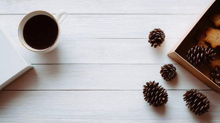 Christmas still life with coffee, gingerbread cookies, pine cones, and gift box on a white wooden table, creating a cozy winter atmosphereの素材