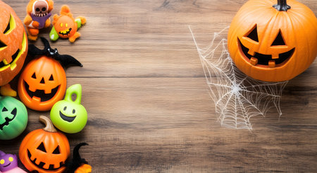 Halloween pumpkins, spider web and spooky toys creating a frame on wooden background with copy spaceの素材