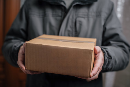 Courier delivering a package while holding a cardboard box, illustrating the concept of efficient delivery and shipping servicesの素材