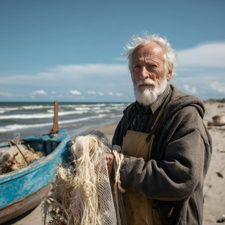 Senior fisherman holding a fishing net after a successful day out on the beach, surrounded by the serene beauty of the oceanの素材
