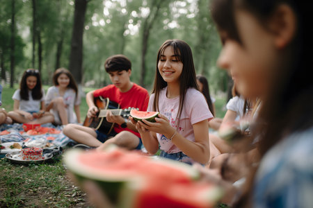 Group of teenagers having fun and eating watermelon slices during a picnic in a park, with a boy playing guitarの素材