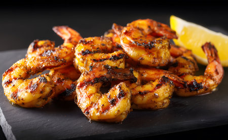 Delicious grilled shrimps seasoned with spices and a slice of lemon, served on a black slate plate, creating an appetizing culinary sceneの素材