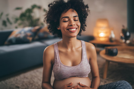 Smiling pregnant woman enjoying a moment of meditation at home, practicing prenatal yoga for relaxation and well-beingの素材