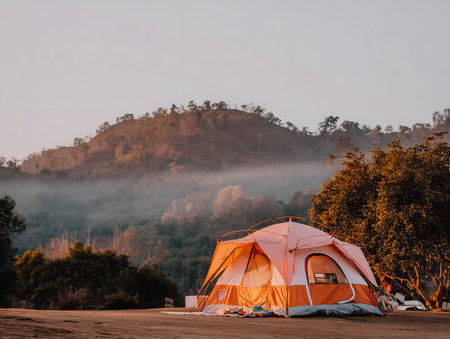 Orange camping tent pitched on a hillside, enjoying the sunrise and the misty mountain view in the backgroundの素材