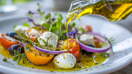 Olive oil being poured onto a fresh salad with tomatoes, mozzarella, red onion, black olives, and herbsの素材