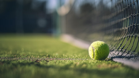 Bright yellow tennis ball resting on a lush grass court near the net, poised and ready for the upcoming serve in an exciting matchの素材