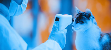 Veterinarian wearing protective suit and mask using infrared thermometer checking temperature of catの素材