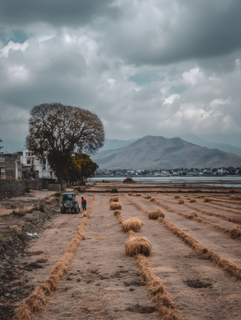 Farmer walking near a tractor in a harvested hay field, with a cloudy sky and mountains in the backgroundの素材