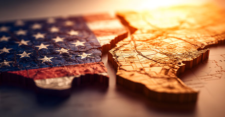 Us flag dividing into two parts, showing a political crisis or division concept, with dramatic lightの素材