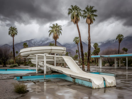 Decaying waterslides and an empty pool resting beneath a stormy sky create a haunting scene in a forgotten water parkの素材