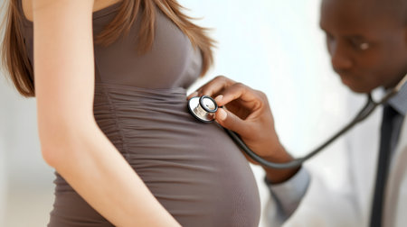 Doctor using a stethoscope to examine a pregnant woman's abdomen during a prenatal consultation, ensuring health for both mother and babyの素材