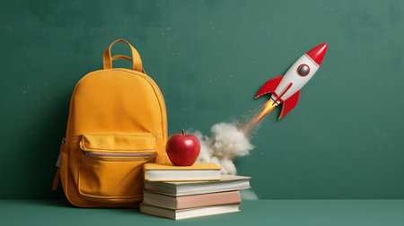 Back to school concept featuring rocket launching from books, backpack, and apple against green chalkboard, symbolizing educational successの素材