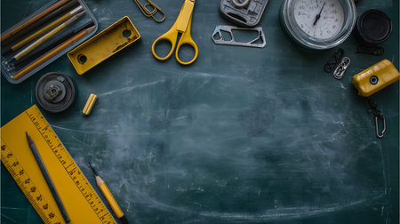 Various school supplies creating a frame on a blank chalkboard, offering copy space for educational contentの素材