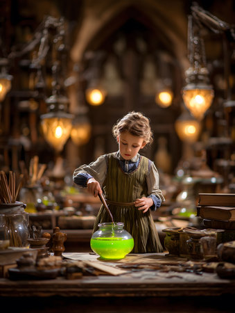 Little girl stirring a bright green potion in a glass jar, surrounded by ancient tools and books in a dimly lit workshopの素材