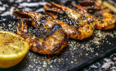 Delicious grilled shrimps with lemon and spices on black stone plate, creating a tempting culinary sceneの素材